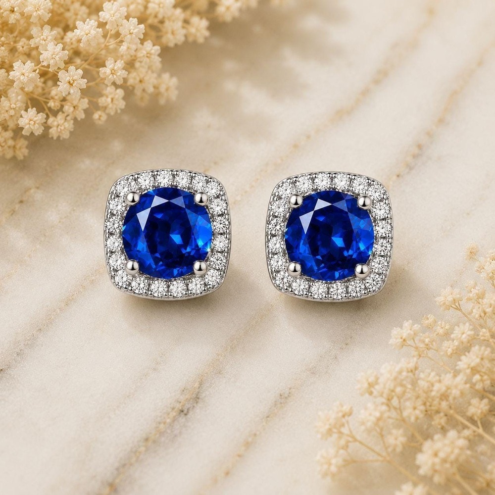 Vintage Blue Sapphire Halo Stud Earrings Made with Swarovski Crystal